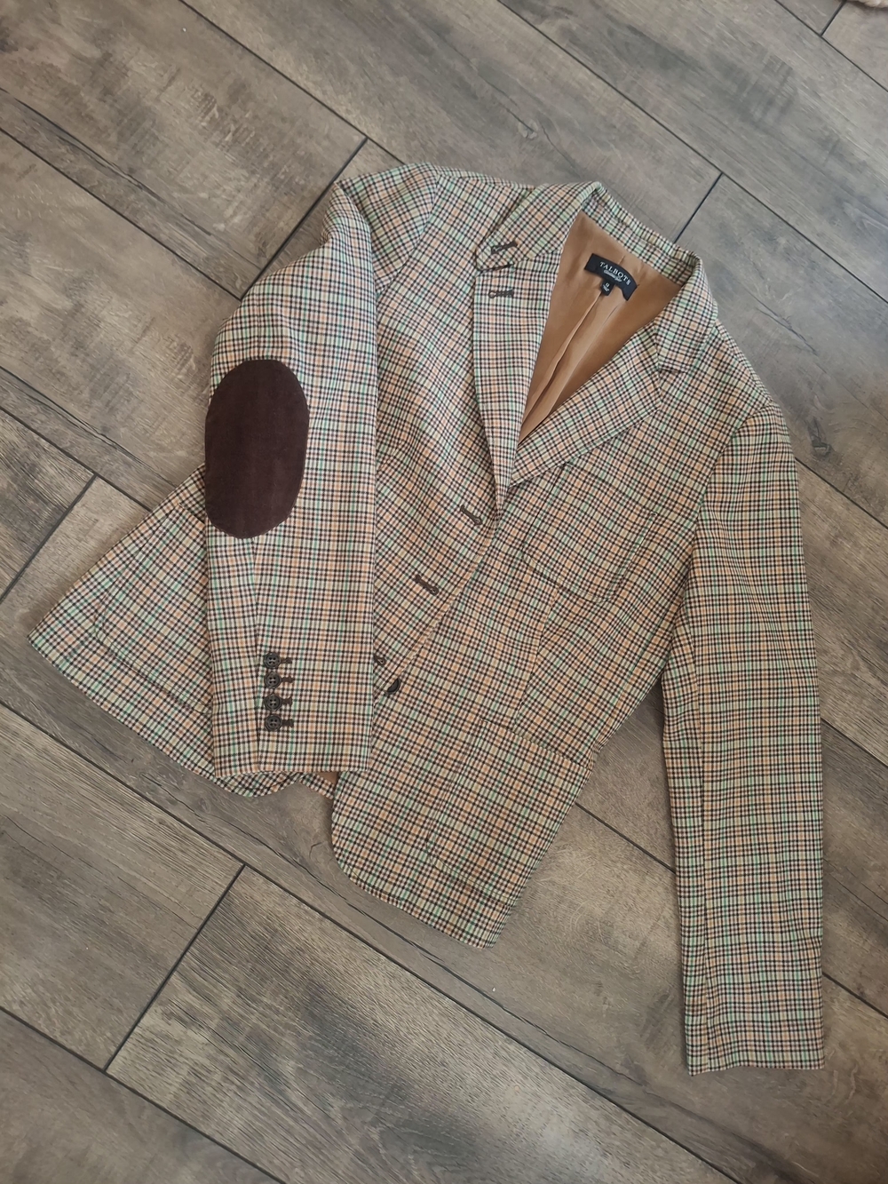 Talbots Tan & Brown Glen Plaid Blazer with Suede Elbow Patches